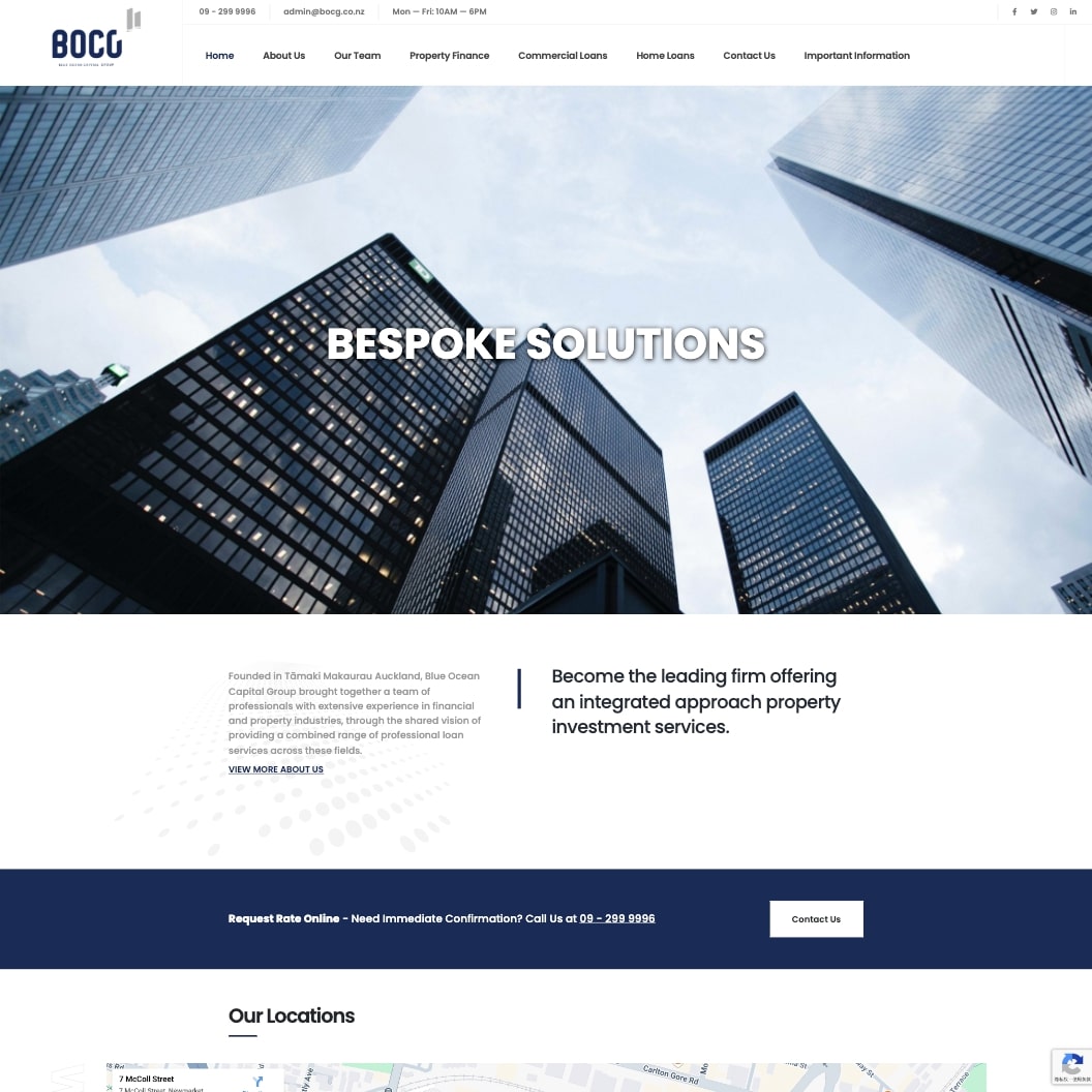 Heric Studio NZ portfolio: Blue-Ocean-Capital-Group custom website homepage for finance solutions.